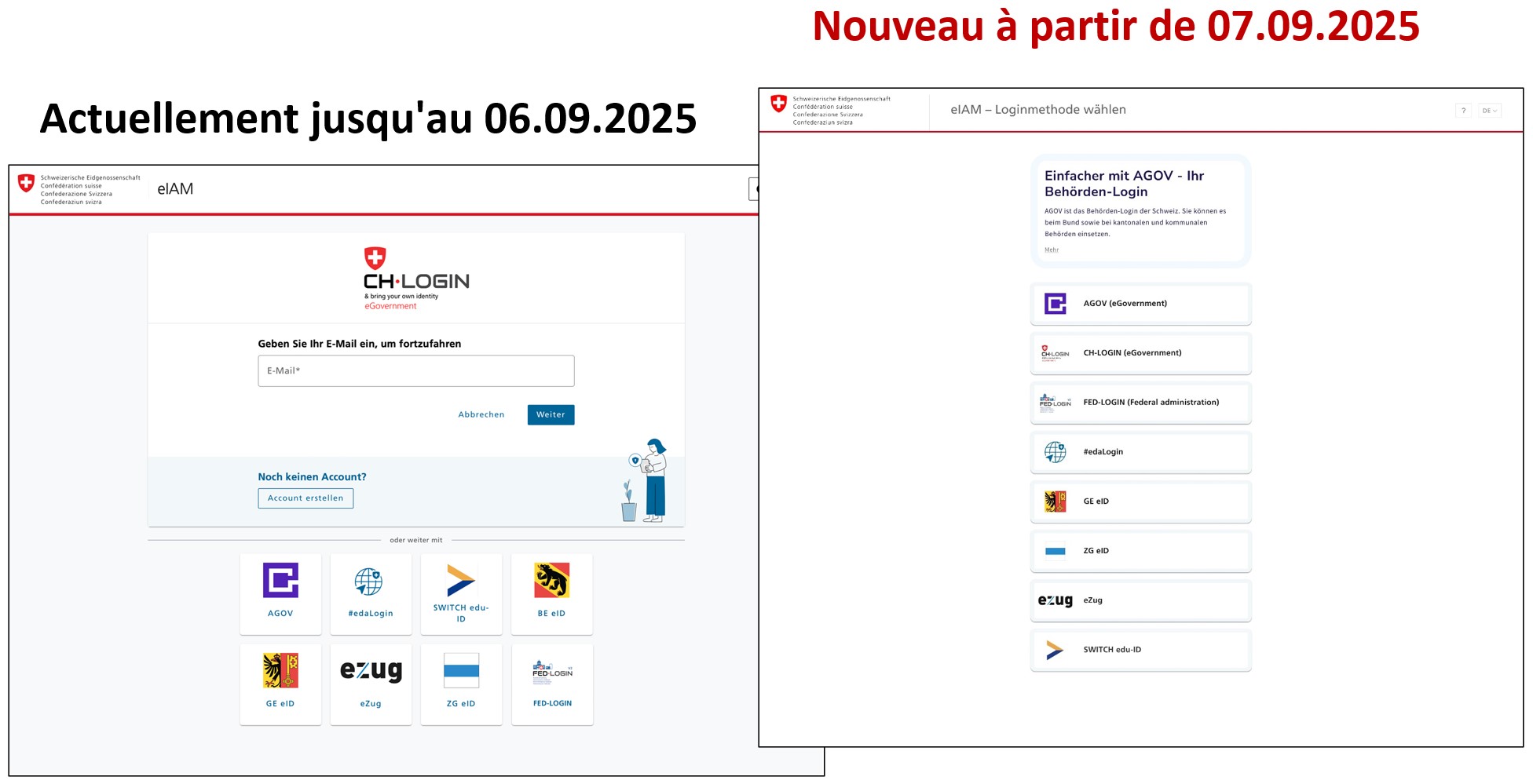 La page de connexion standard actuelle et la nouvelle page de connexion standard eIAM